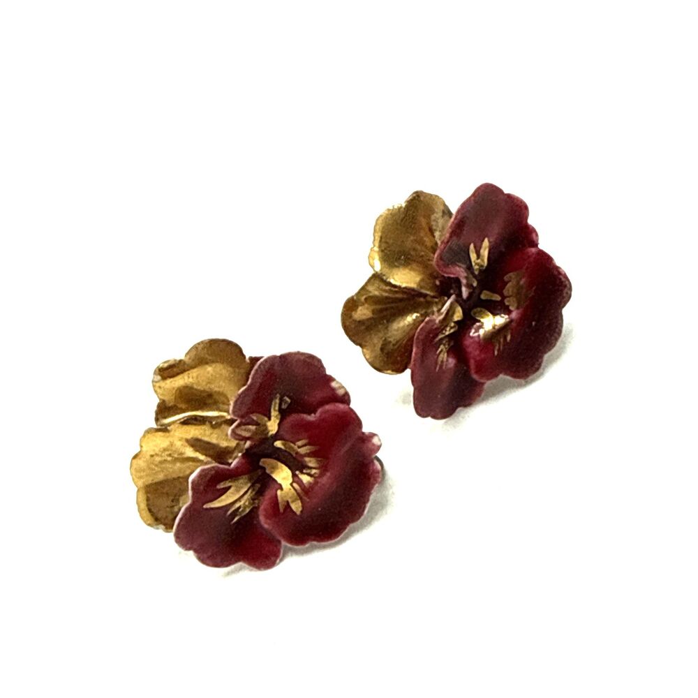 Vintage Dark Red Enamel Gold Tone Pansy Earrings Screw Back Floral Statement 1"